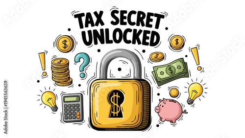 Tax Secret Unlocked Financial Freedom Concept with Padlock Money and Calculator Illustration