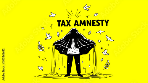 Conceptual Illustration of Tax Amnesty Program with Person Revealing Money Flow on Bright Yellow Background