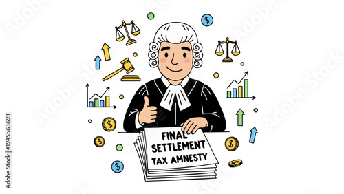 Smiling Judge with Final Settlement Tax Amnesty Documents and Growth Charts Concept