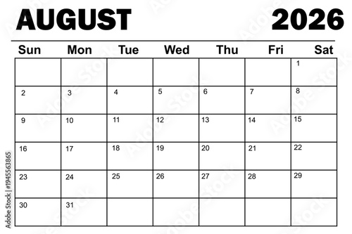 August 2026 Calendar – Clean Monthly Planner Template on White Background