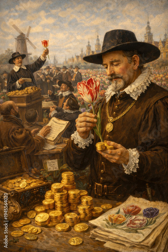 Historical oil painting style scene of Dutch tulip mania, with a wealthy merchant examining a rare striped tulip while traders, auctions, gold coins, and blooming tulip fields fill