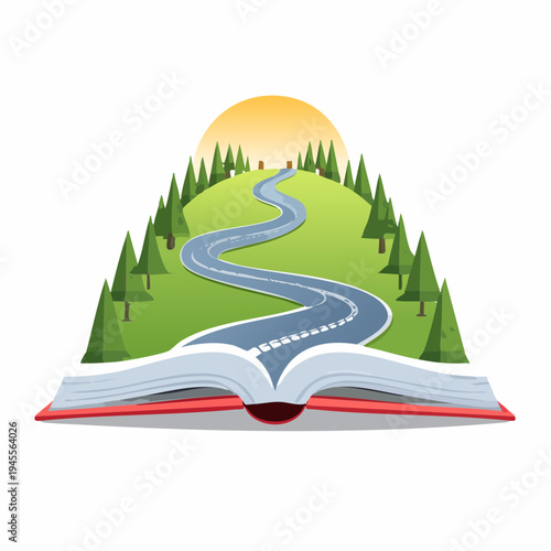 An illustration depicting a winding road leading over a grassy hill