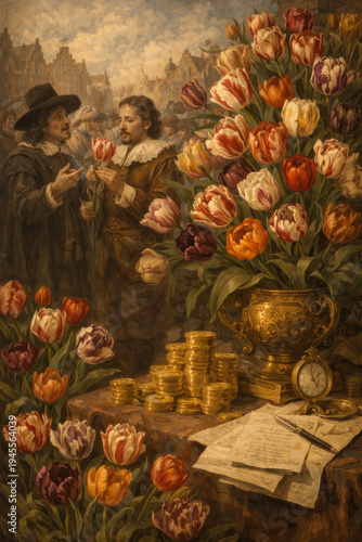 Historical oil painting style scene of merchants examining tulips during the Dutch tulip mania era, with rare tulip varieties, gold coins, documents