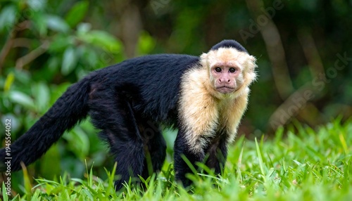 White-faced Capuchin Monkey in Lush Green Habitat.
