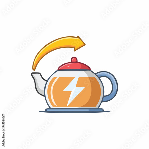 A cartoon teapot with a yellow curved arrow pointing toward it