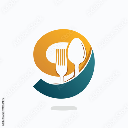 A minimalist culinary icon with cutlery atop an orange and teal accent