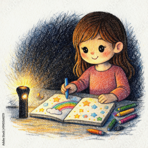 Little girl drawing a rainbow and stars in a notebook by flashlight light, cozy colored pencil illustration of a child creating colorful drawings in a dark room.