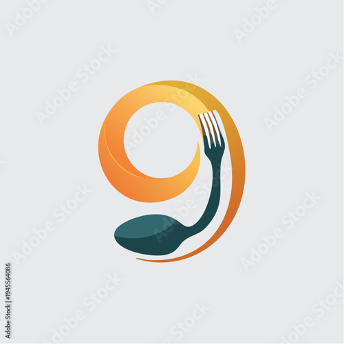 Abstract depiction of a fork next to a circular shape, on a gray background