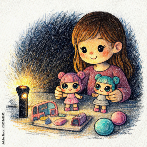 Little girl playing with dolls by flashlight light, cozy colored pencil illustration of a child enjoying toys in a dark room with warm glowing light.