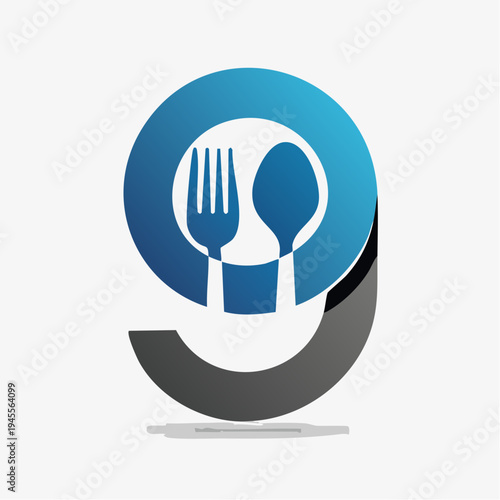 A blue circular design with a fork, spoon, and plate-like outline