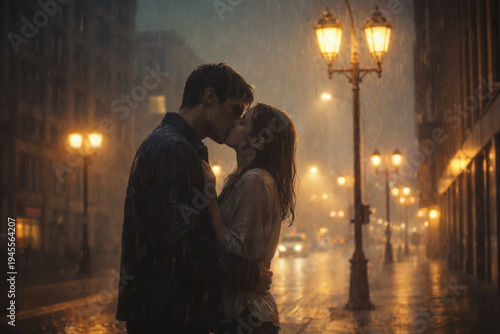 Romantic cinematic scene of a couple kissing in the rain on a softly lit city street at night, surrounded by glowing street lamps and reflections on wet pavement that create a dramatic