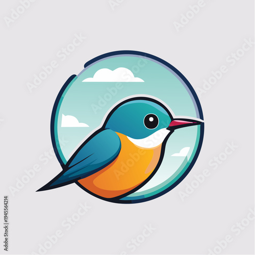 Cartoon bird in sky, partially visible, with white clouds, gray background