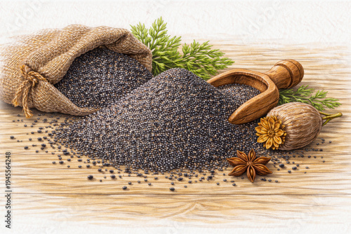 Poppy seeds spilling from a burlap sack with wooden scoop, detailed colored pencil illustration of natural baking ingredient with rustic kitchen setting.