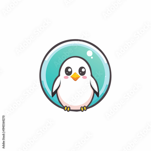 Cartoon bird peeking from a turquoise circular frame, simple and cute