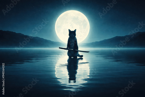 Surreal fantasy scene of a mysterious cat standing on calm water under a glowing full moon while holding a katana, with mountains and stars in the background creating a cinemati