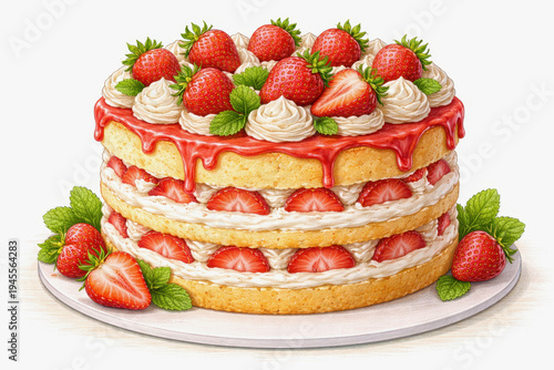 Strawberry layered cake with fresh berries and cream, colorful pencil drawing dessert illustration, detailed pastry with dripping strawberry glaze on light background.