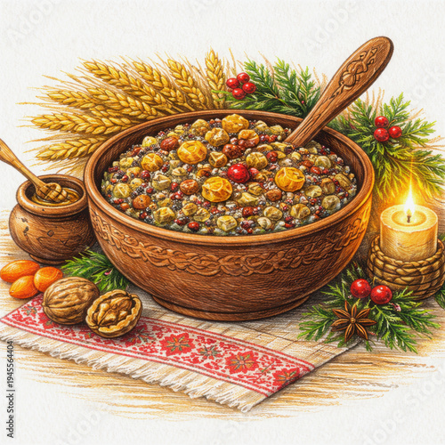 Traditional Christmas kutia with wheat, honey, poppy seeds, dried fruits and nuts in a rustic bowl, detailed colored pencil illustration of festive Slavic holiday dish with candle and wheat.