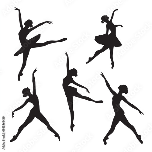 Vector illustration set featuring black silhouettes of ballet dancers and women in motion, capturing artistic yoga, gymnastics, and fitness shapes through jumping and dancing action figures