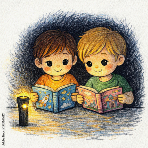 Two children reading books by flashlight light, cozy colored pencil illustration of kids enjoying bedtime reading in a dark room with warm glowing light.