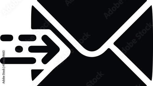 Email Envelope With Fast Send Arrow, Black envelope email icon with speed arrow lines representing fast sending, instant messaging, quick email delivery, and rapid digital communication.