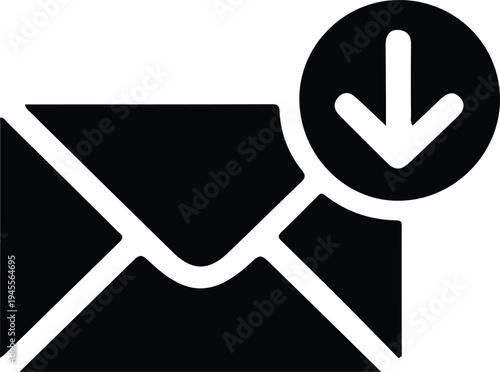 Email Envelope With Download Arrow Icon, Black envelope email icon with downward arrow badge representing incoming message, email download, receiving mail, and inbox notification in apps.