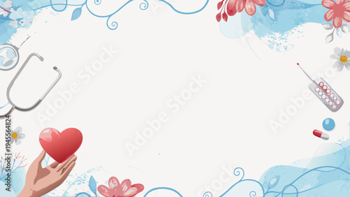 Decorative heart and footprints design with floral accents on light background