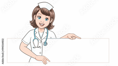 A cheerful nurse holding a stethoscope around her neck and pointing to the side