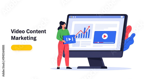 Woman presents video marketing content on computer screen with graphs