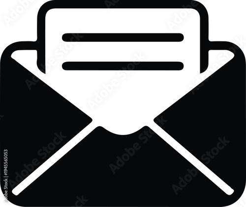 Open Envelope Email Message Icon, Minimal black icon of an open envelope with a letter inside, symbolizing reading email, inbox messages, and digital mail communication.