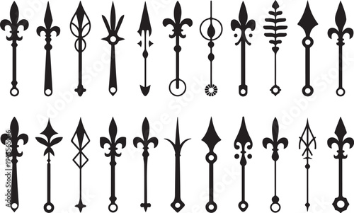 Minimal gothic spear and arrowhead ornament set, medieval decorative weapon tips silhouette collection