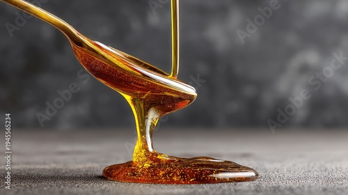 Close-Up View of Golden Honey Dripping from Spoon, Capturing Smooth Texture and Viscous Nature on Dark Background for Culinary and Natural Themes