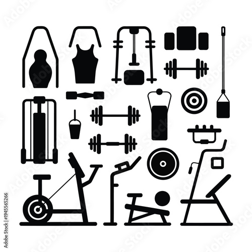 A collection of various gym equipment and exercise tools