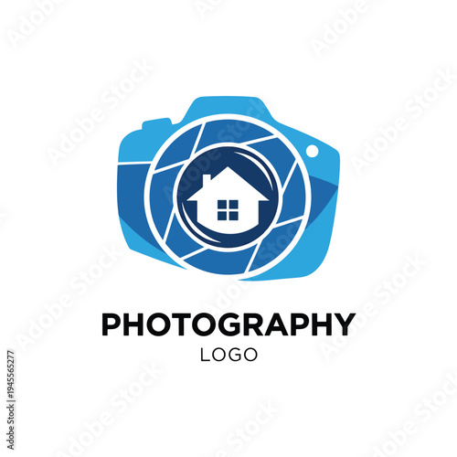 Vector graphic of a camera with a house in its lens, symbolizing real estate photography services.