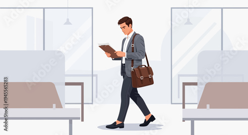Businessman reading document walking in modern office interior hallway