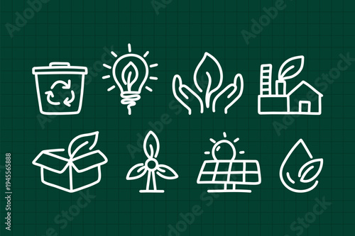 Hand drawn eco icon set with recycling bin, light bulb, leaves, factory, gift box, wind turbine, solar panel and water drop symbols for sustainability and green energy design. Vector illustration.