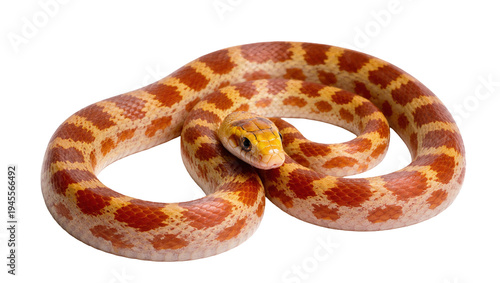 Isolated coiled corn snake with vibrant orange and yellow scale patterns looking forward