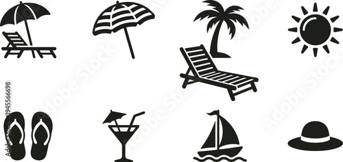 Summer Vacation and Beach Holiday Icon Set Featuring Sun Lounger Beach Umbrella Palm Tree Tropical Cocktail and Sailing Boat Silhouettes