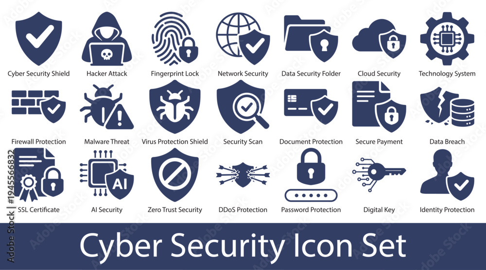 Fototapeta premium Cyber Security Icons Set, Data Protection, Hacker Attack, Firewall, Secure Payment, Password, AI Security and Network Protection Vector Icons