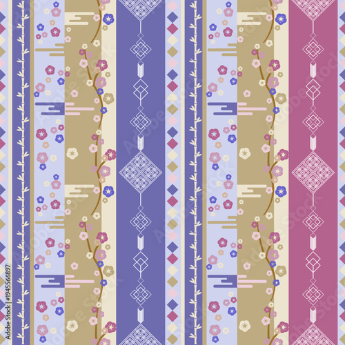 Seamless Asian vertical stripe pattern featuring delicate floral motifs and geometric ornaments in soft pastel colors. Ideal for fabric print, wallpaper, packaging, and textile design.