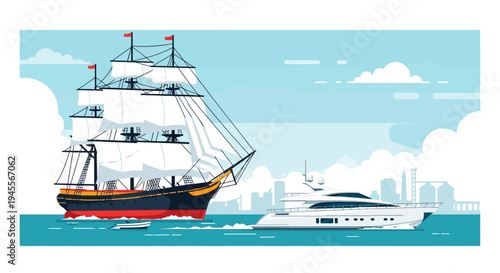 Vector Illustration of a Classic Tall Sailing Ship and Modern Luxury Yacht at Sea