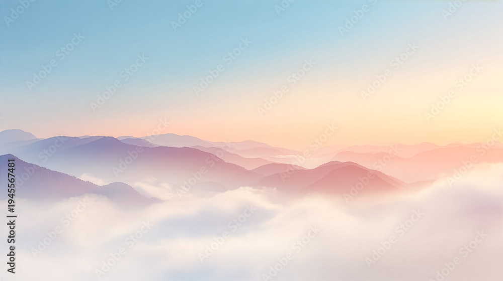 Fototapeta premium 幻想的な雲海が広がる連なる山々と、パステルカラーの美しいグラデーションが広がる夜明けの空を表現した、静寂で雄大な風景のデジタルイラスト背景素材