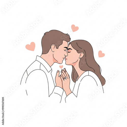 Romantic Couple Kiss Vector Illustration with Engagement Ring Love Relationship Cartoon