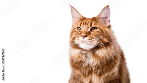 Isolated majestic ginger Maine Coon cat looking left, elegant long-haired feline portrait