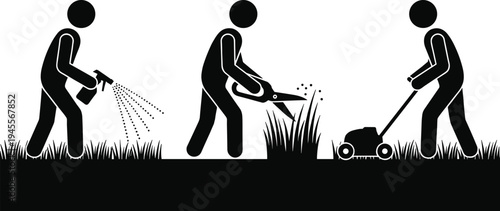 Gardening and Lawn Care Vector Silhouette Set Featuring Male Figures Mowing Grass, Trimming Hedges with Shears, and Spraying Fertilizer or Pesticide on Yard Plants