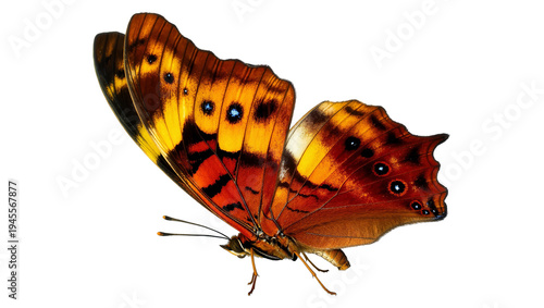 Isolated vibrant orange and yellow butterfly with richly patterned wings captured in dynamic pose