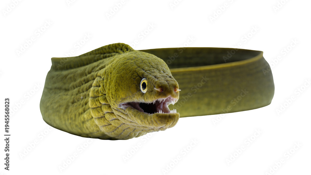 Obraz premium Isolated fierce green moray eel with sharp teeth and open mouth, dangerous aquatic predator