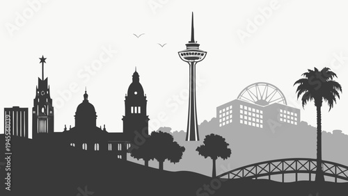 A grayscale silhouette depicts a cityscape featuring prominent towers historical buildings and lush palm trees against a pale sky high-quality professional detailed modern elegant stylish