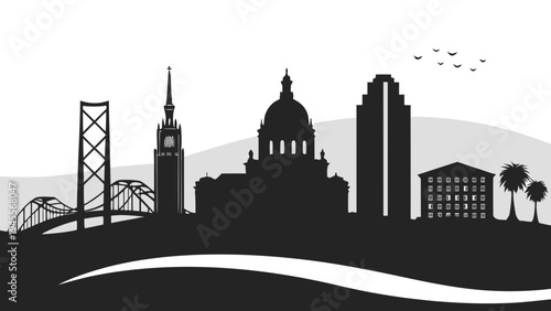 A grayscale silhouette depicts a cityscape featuring prominent towers historical buildings and lush palm trees against a pale sky high-quality professional detailed modern elegant stylish