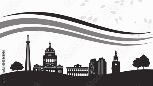 A grayscale silhouette depicts a cityscape featuring prominent towers historical buildings and lush palm trees against a pale sky high-quality professional detailed modern elegant stylish