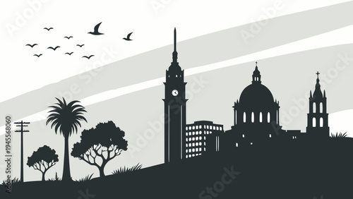 A grayscale silhouette depicts a cityscape featuring prominent towers historical buildings and lush palm trees against a pale sky high-quality professional detailed modern elegant stylish